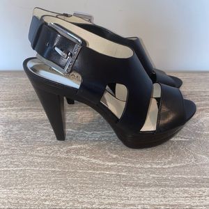 NEW MICHAEL Michael Kors Black Leather Carla Platform Sandal Heels Size 8.5M